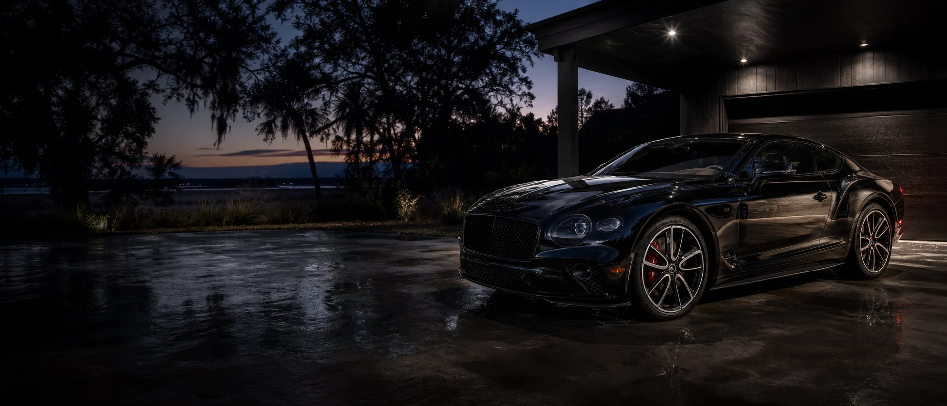 A freshly detailed black performance coupe under controlled lighting in a Lowcountry driveway